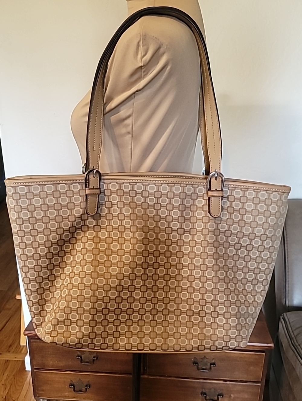 Nine West Beige Patterned Business Tote Bag with Tan Trim